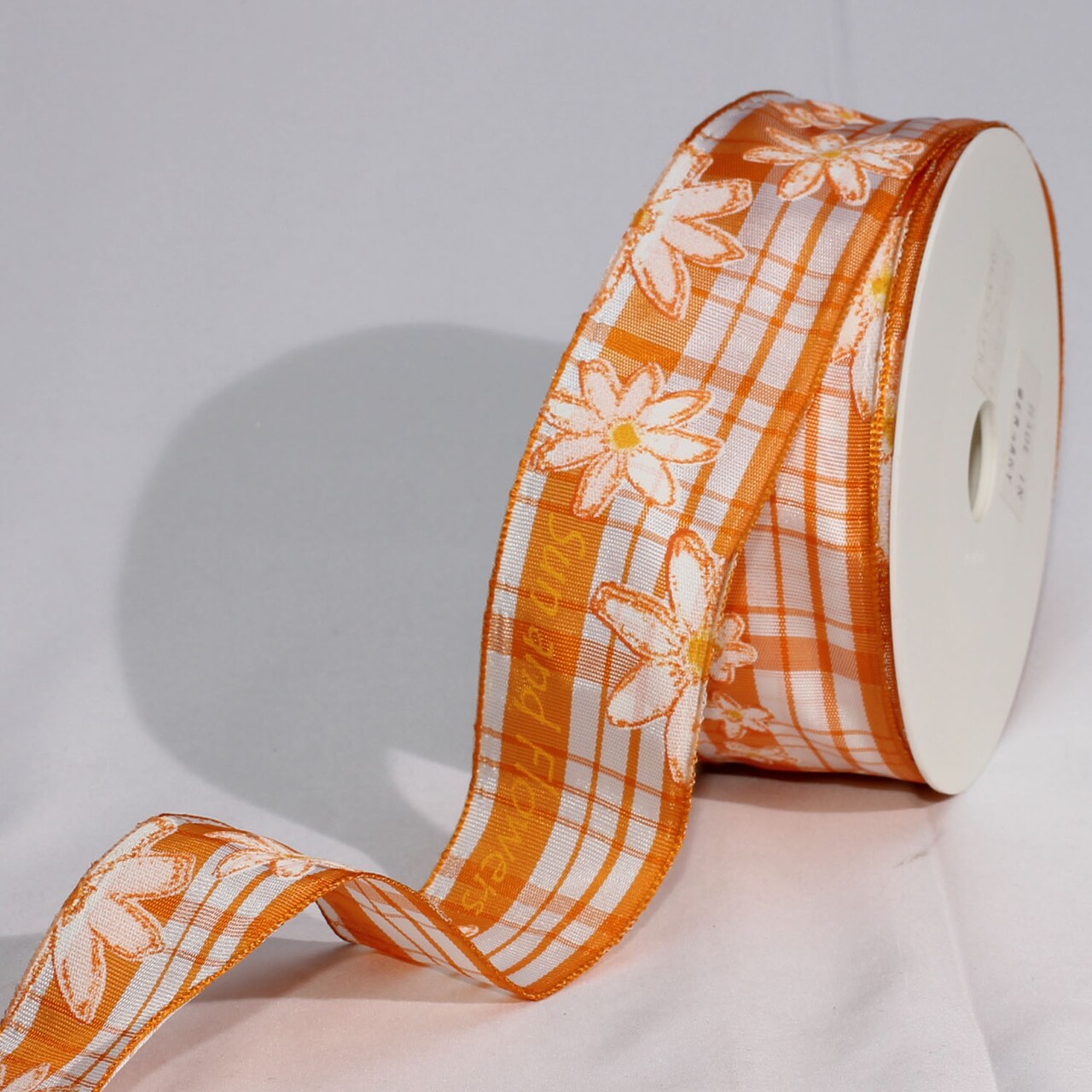 The Ribbon People Orange Plaid Taffeta with Floral Print Wired Edge Craft Ribbon 1.5" x 22 Yards